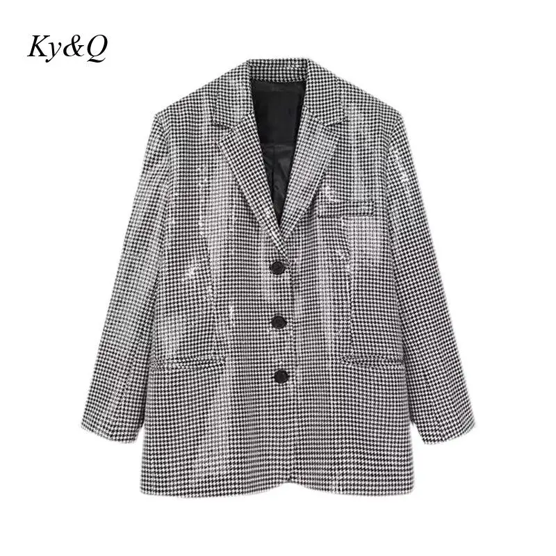 2022 New Design Sequin Suit Coat Women's Runway Party Elegant Luxury Loose Thousand Bird Grid Jacket Blazers High Quality |