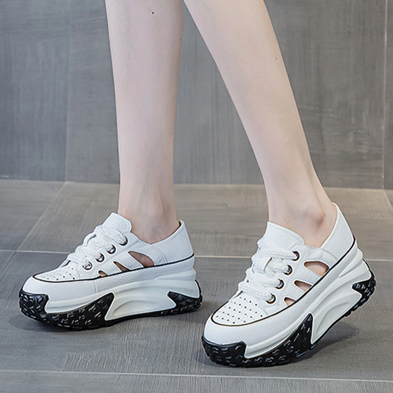 Genuine Leather 2023 Platform Wedge Chunky Sneakers Fashion Hollow Lace Mixed Color Casual Comfy Lady Hidden Heel Female Shoes