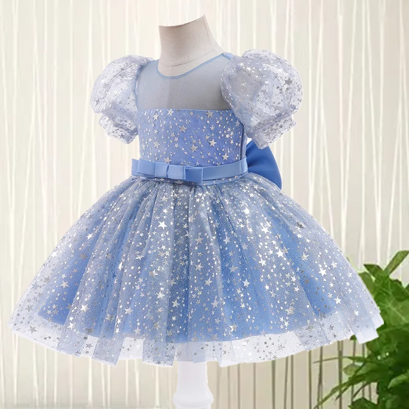 Baby Girl's Blue Evening Party Gown 12M Newborn Girl Birthday Sequined Princess Dress Girls Formal Ceremonial Gala Prom Clothes