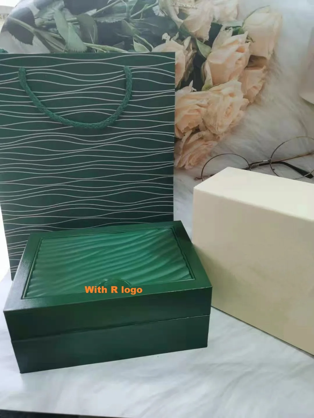 

Super quality Green watch box with papers cards and bags Top Luxury Woman watches Box Man Wristwatch Box with R/L/O Logo