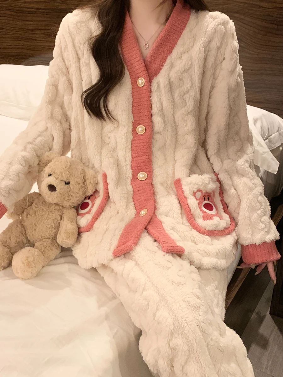 Интернет-знаменитости пижамы из кораллового флиса с клубничным медведем женские