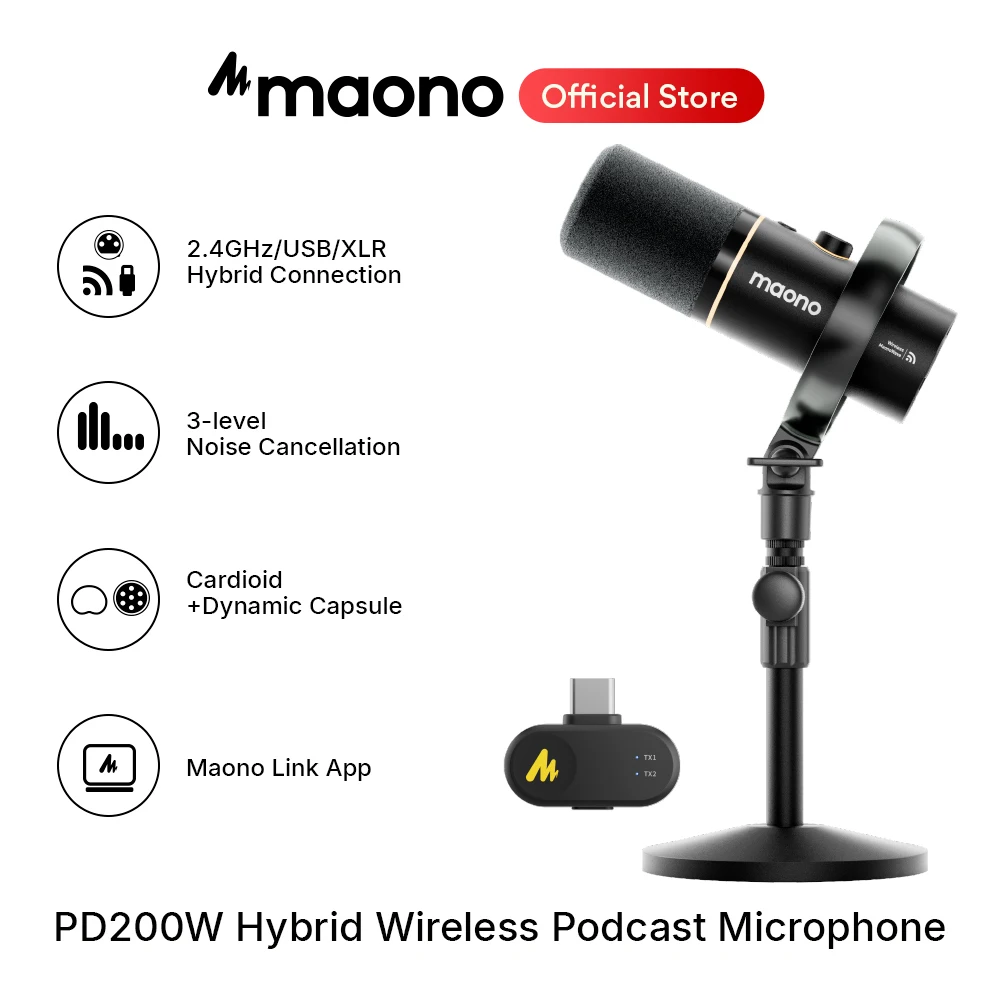 Фото Гибридный беспроводной микрофон Maono PD200W для подкастов, совместимый с ПК/телефоном/камерой, динамический микрофон XLR/USB для стриминга, записи и создания контента. №1