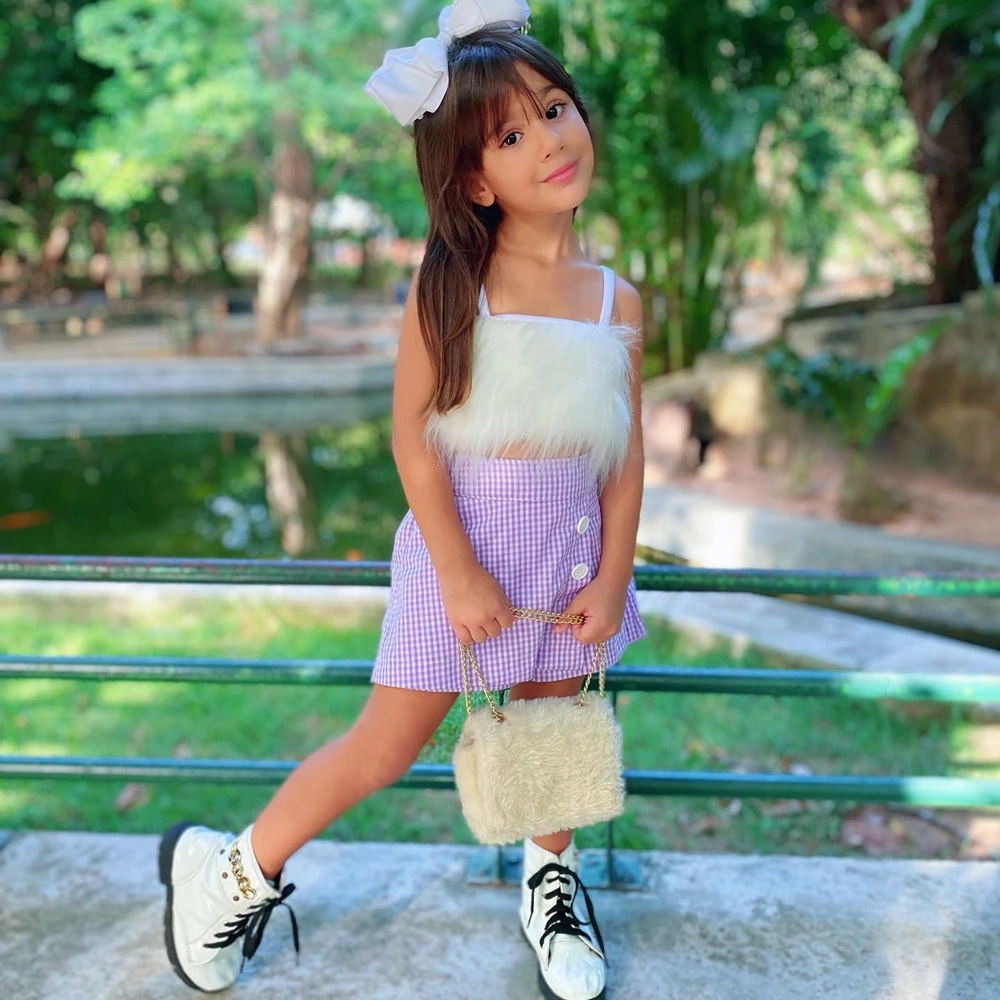 

Bmnmsl Детская летняя одежда для девочек, плюшевая кофта без рукавов и эластичная пуговица, клетчатая юбка А-силуэта, комплект для малышей