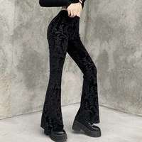 dark academia 90s vintage casual wide leg pants women black suede embossing flare pant spring autumn punk gothic trousers 2021