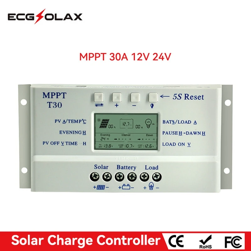 

ECGSOLAX MPPT Solar Charge Controller 30A 12V 24V With LCD Dispaly Light And Dual Timer Solar Regulator Max PV 48VDC Controller