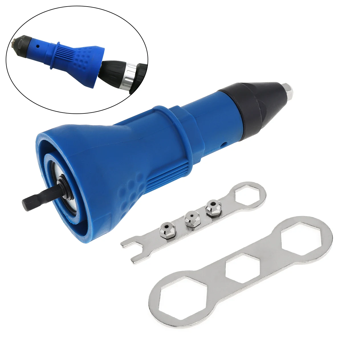 

6 Inch Blue Plastic Electric Rivet Gun Conversion Head Rivet Adapter with 4 Nozzles & 2 Hex Wrenches for Riveting Accessories