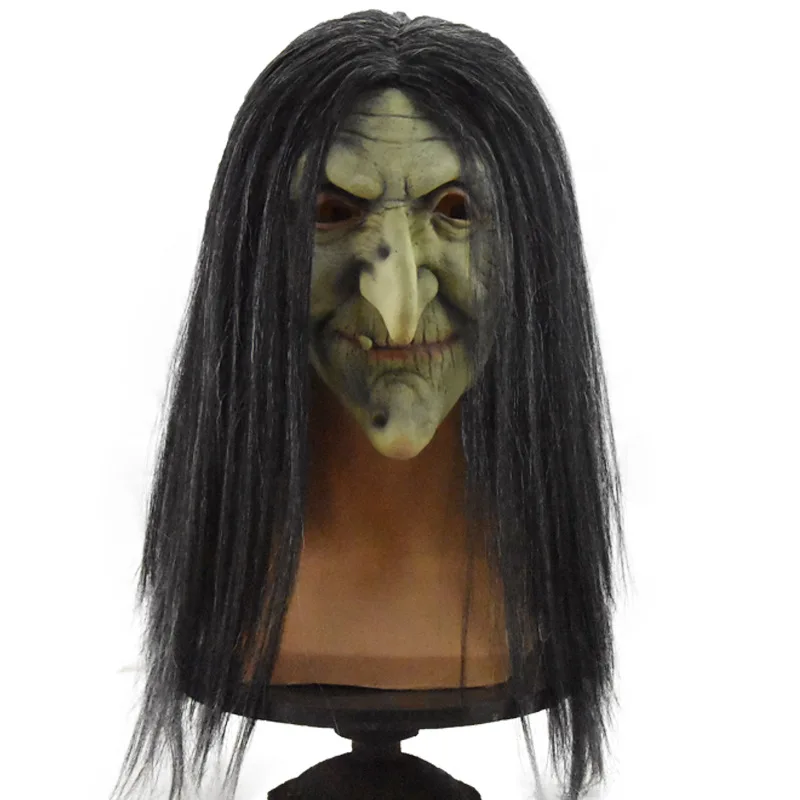 

Old Woman Witch Mask Halloween Latex Scary Masks Adult Horror Full Head with Long Hair Witches Cosplay Costume Party Props