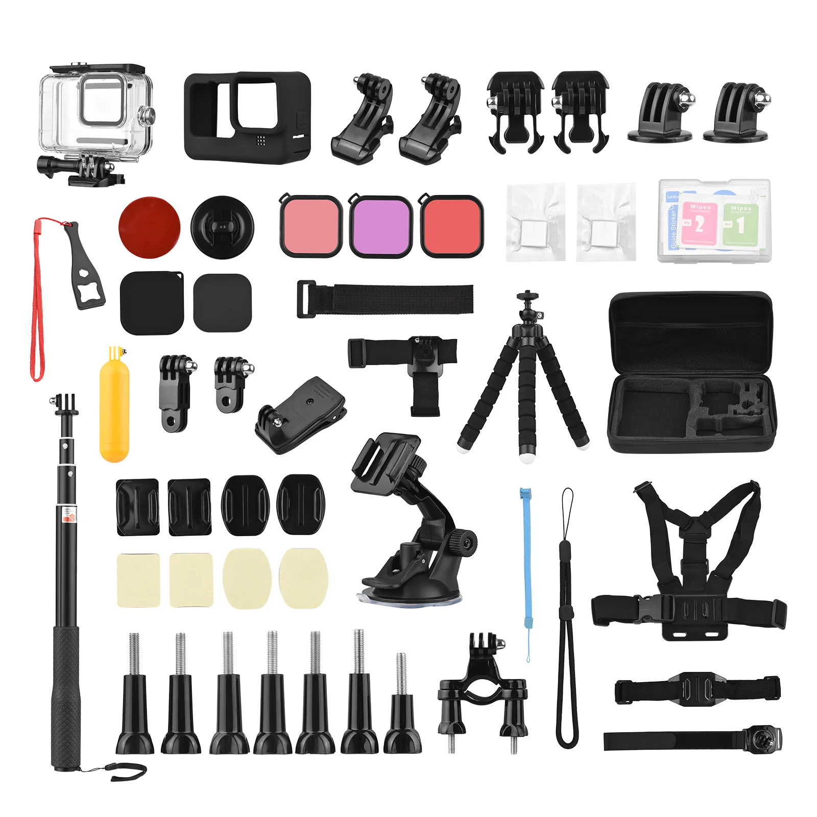 

Action Camera Accessories Kit with Waterproop Housing Silicone Protective Case Selfie Stick for GoPro Hero 10/9 with Carry Case