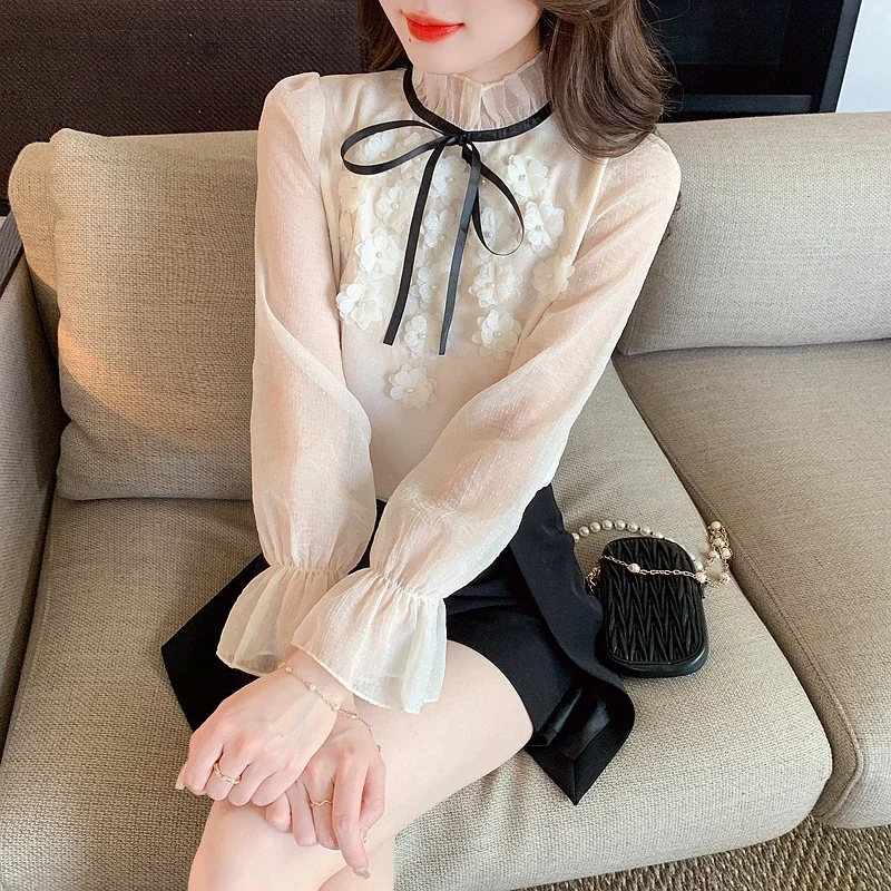 Женская шифоновая блузка с цветочным принтом и длинным рукавом на шнуровке