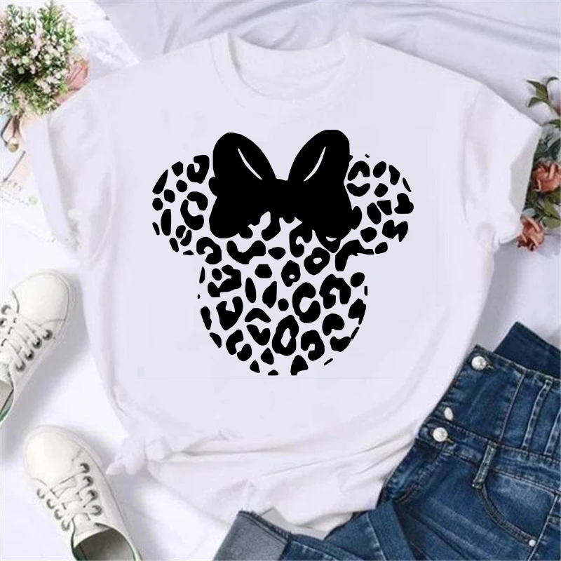 

New Disney Minnie Mouse Head Printed Women T-shirts Fashion Leopard Print T Shirt Streetwear Clothes Kawaii Female T Shirt