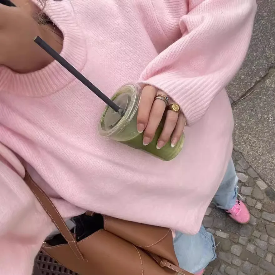 Осень и зима 2024 новый свободный розовый милый вязаный пуловер с круглым вырезом в