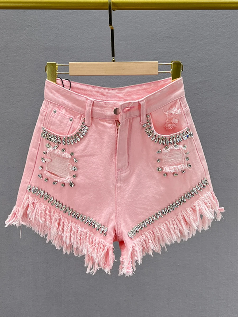 Fashion Raw Edge Balck Denim Shorts Women's 2023 Summer New High Waist Diamond Ripped Wide-Leg Short Pants Female Booty Shorts