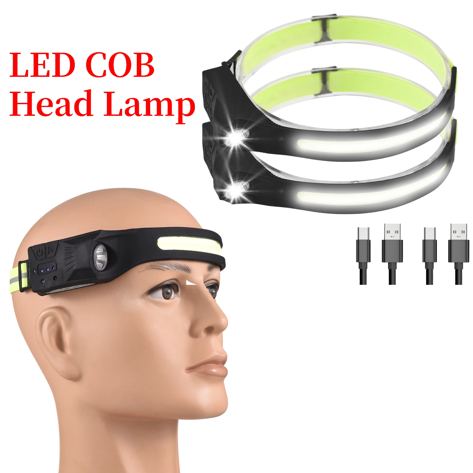 

2pcs Induction Headlamp LED Head Lamp with Motion Sensor Flashlight USB Rechargeable Head Lamp 7 Lighting Modes Head Light
