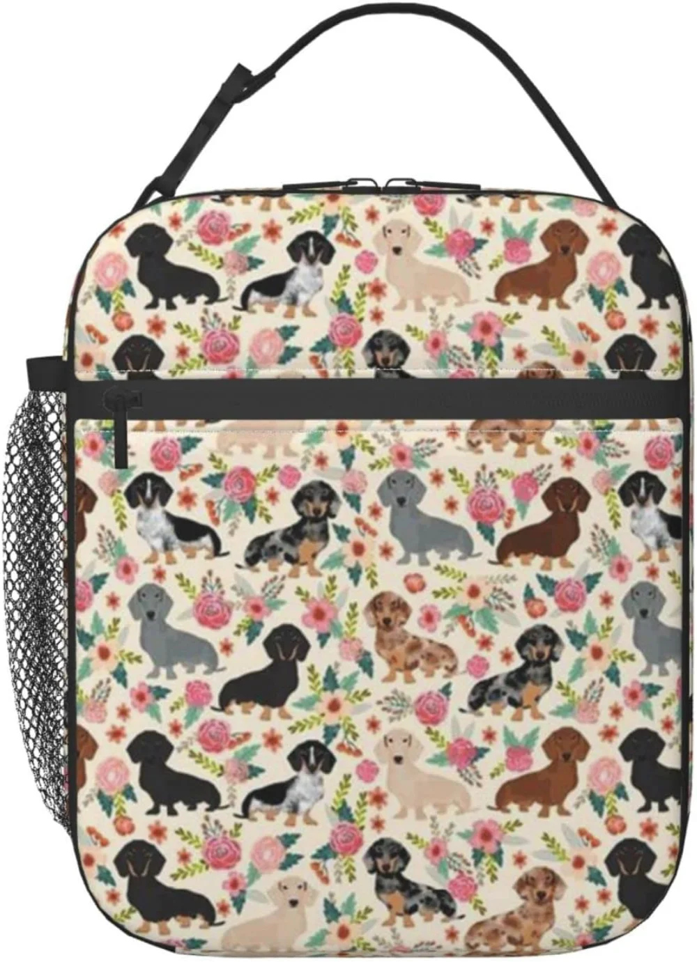 

Dachshund Sausage Dogs Pink Floral Lunch Bag Insulated Water-Resistant Tote Bag Reusable Lunch Box for Picnic Travel