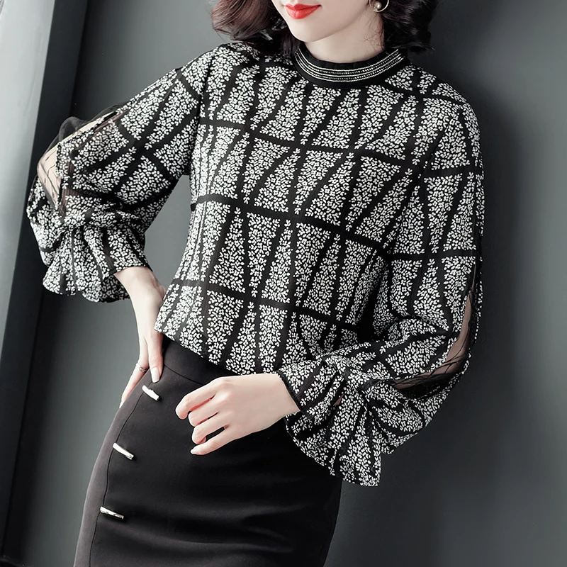 

Шифоновая женская блузка с принтом, рубашка с круглым вырезом для девочек, Новый Повседневный Свободный Топ с длинным рукавом, летняя модна...