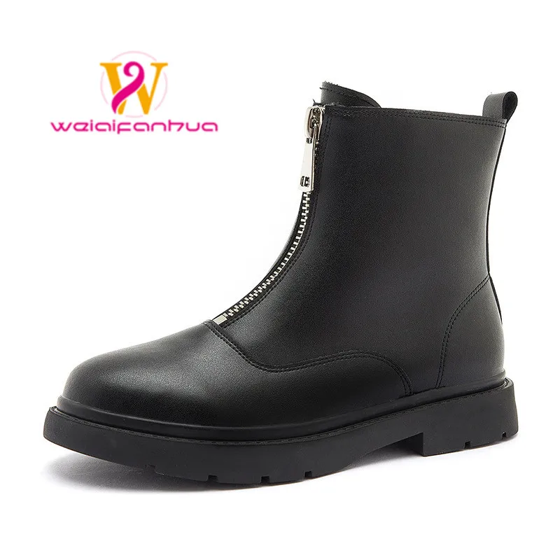 

Women's Chelsea Boots Genuine Leather Fashion Fur Winter Boots Women Front Zipper British Style Women's Short Boots trafza