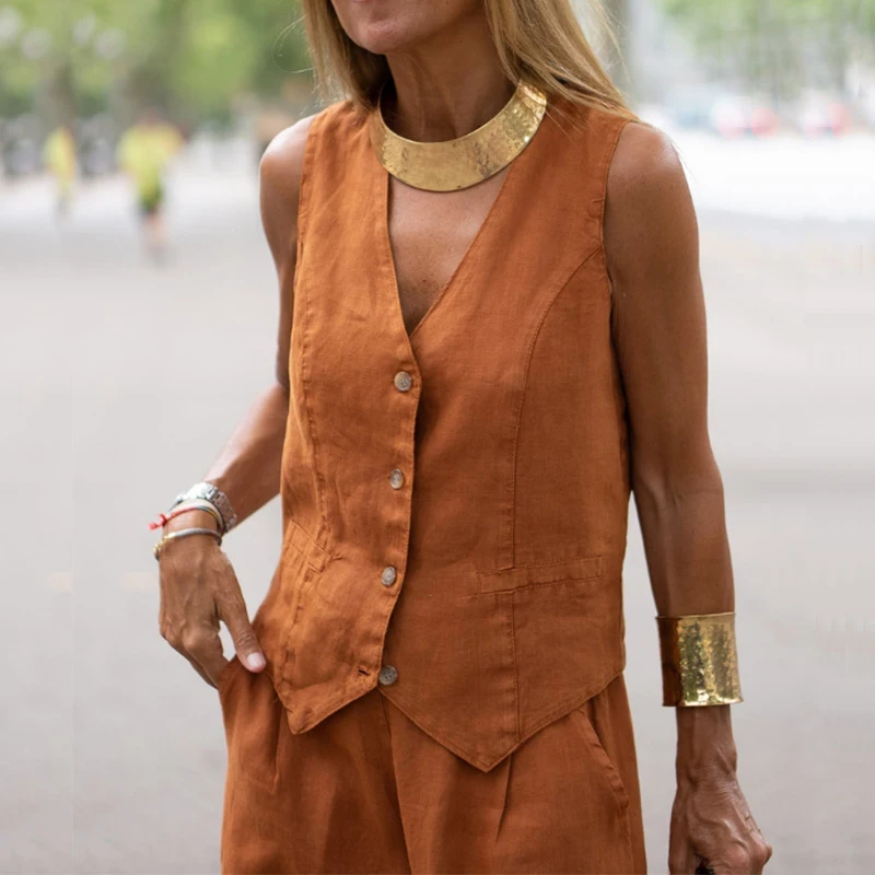 

2022 Deep V Neck Buttoned Vest Outwear Lady Summer Casual Loose Sleeveless Tank Tops New Fashion Women Solid Cotton Linen Sets