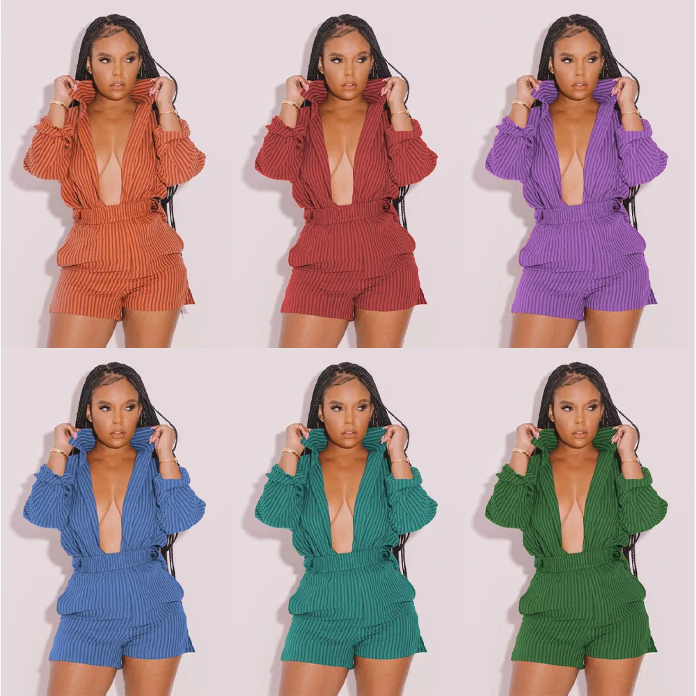 

Striped 2 Piece Sets Women Turn Down Collar Long Sleeve Shirt Tops and Shorts Outfits Summer Fashion Casual Streetwear Suit 2022