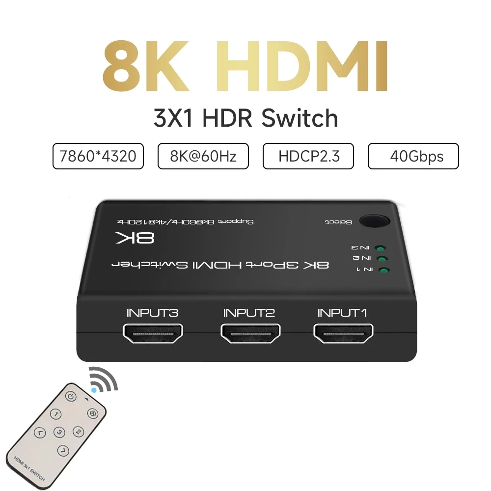 

HDMI 2.1 3x1 Switcher for Computer Laptop 8K 60Hz 3 in 1 out Display HDMI Switch Spliter HDR 48Gbps HDCP2.3 for PS5 XBOX