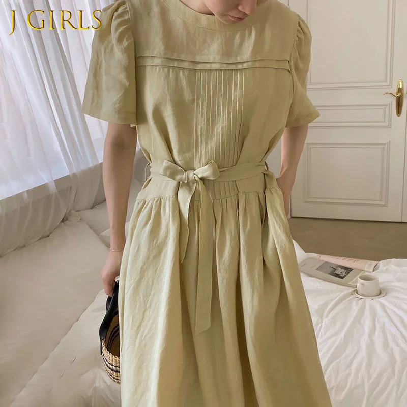 

J GIRLS Casual Round Neck Dress Women Korean Ruched Short Sleeve Slim Waist Lace Up Midi Dresses Ladies Solid Color Outwear