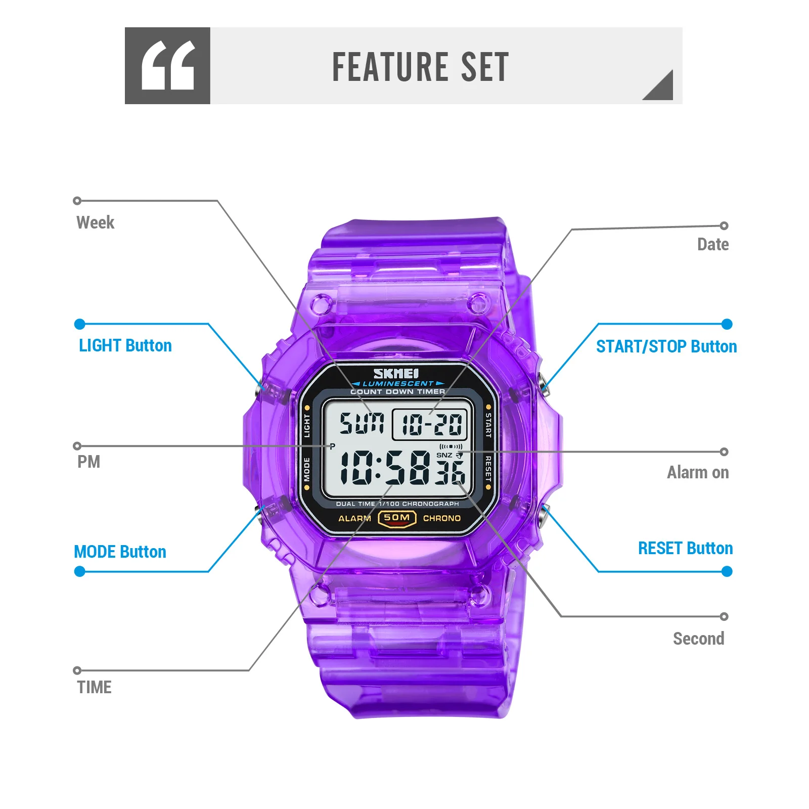 SKMEI New Multifunctional  2 Time Count Down Women Digital Watches Transparent PU Strap Lady Wristwatch Shockproof reloj mujer