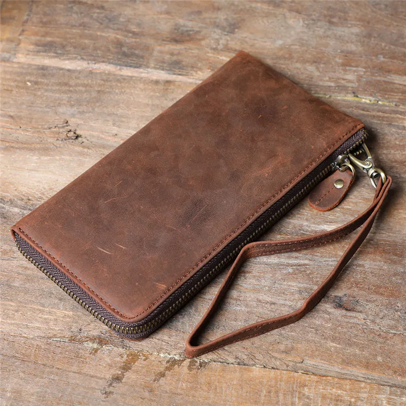 Vintage simple crazy horse cowhide men's long wallet casual natural genuine leather multi-card card holder phone clutch purse