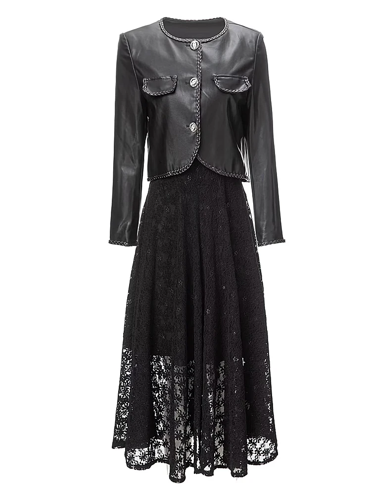 

Женский модельный комплект из двух предметов, модная черная куртка из искусственной кожи высокого качества, Элегантное повседневное кружевное платье миди на бретельках