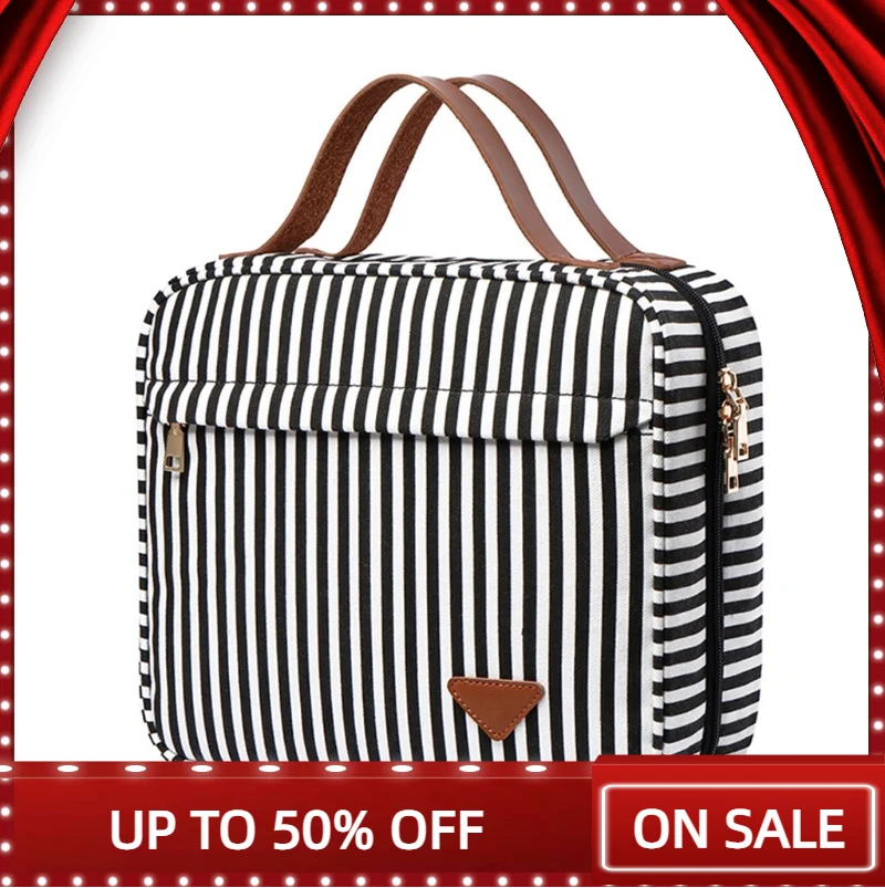 

Travel Striped Toiletry Bag with Hanging Hook 4 Compartments Large Capacity Cosmetic Organizer Zippered Waterproof Makeup Pouch