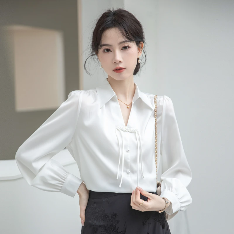 Женская атласная рубашка с длинным рукавом офисный топ в китайском ретро-стиле