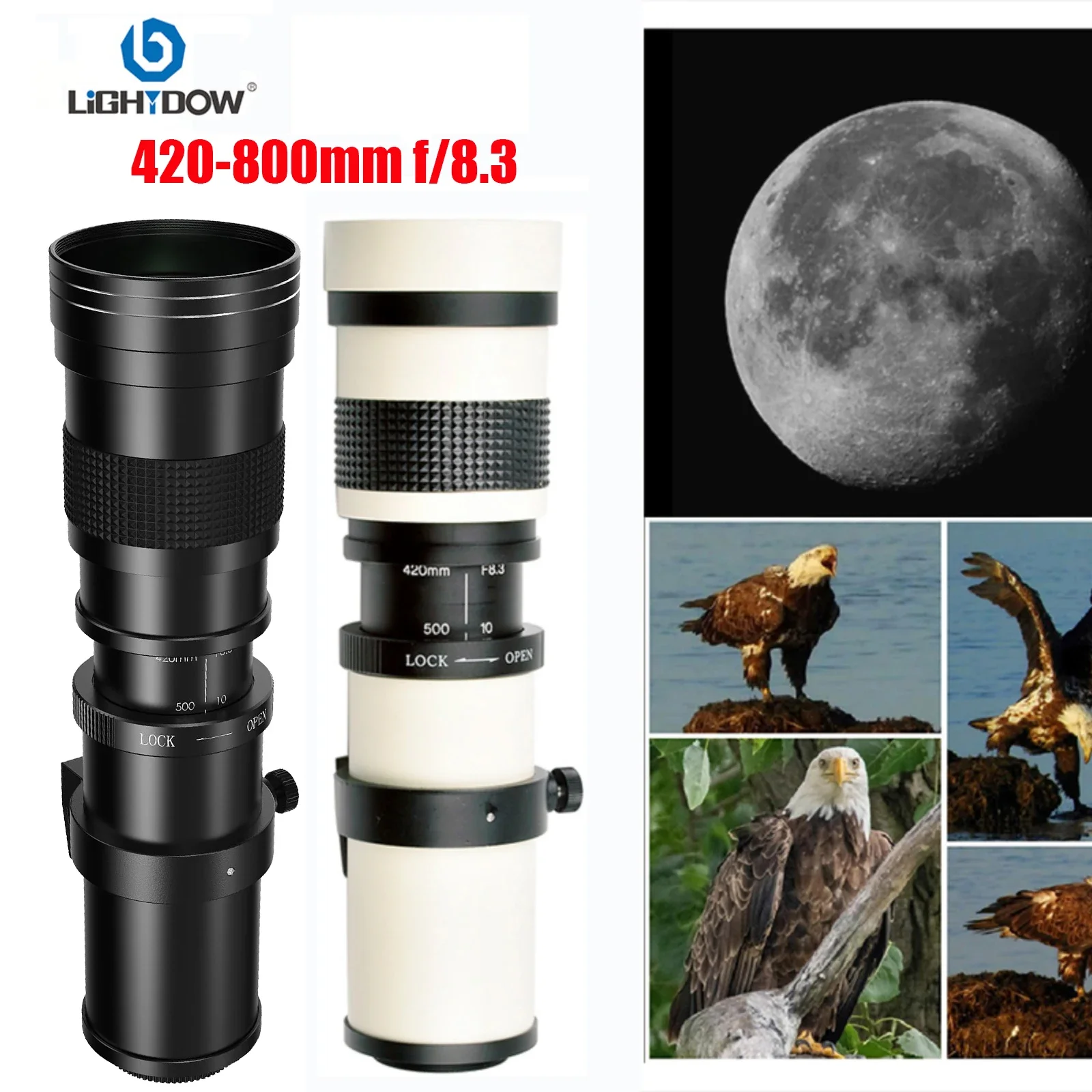 Фото Супертелеобъектив Lightdow 420-800 мм f/8,3 с ручным зумом + Т-образное крепление (полная рамка) для Canon Nikon Sony Fuji M43 Pentax L mount №1