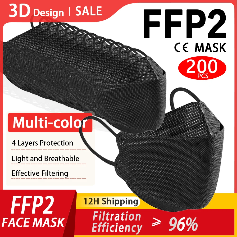 

CE KN95 Fish Face Mask Black FFP2 Reuseable Mouth Mask 4 Layer Mascarillas FPP2 Negras 5-200Pcs Masque Noir FFP 2 White FFP2mask