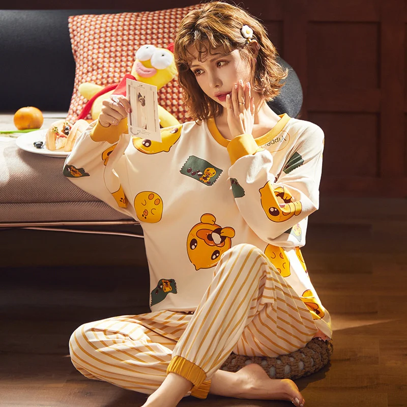 pajamas women's autumn new long sleeved knitted cotton loose round neck pullover large size home clothes two-piece can be