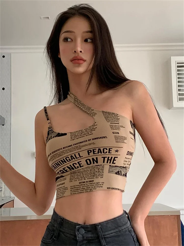 Кроп-топ Hmsevenjz женский с вырезами блузка косым плечом и надписью в стиле ретро для