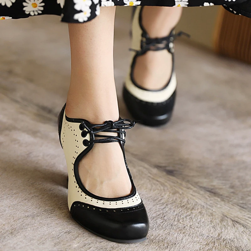 

Lucyever British Style Square Heels Pumps Women 2021 Hollow Lace Up High Heels Woman Mixed Color Party Shoes Zapatos De Mujer 43