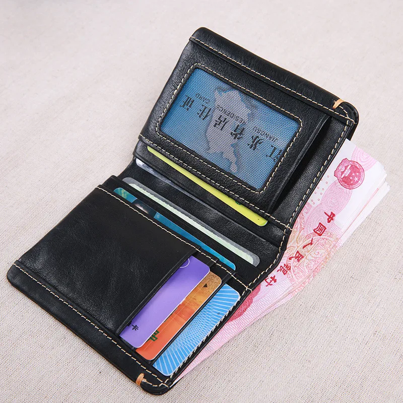 Casual simple genuine leather men's black small wallet natural first layer cowhide teens short minimalist card holder purse