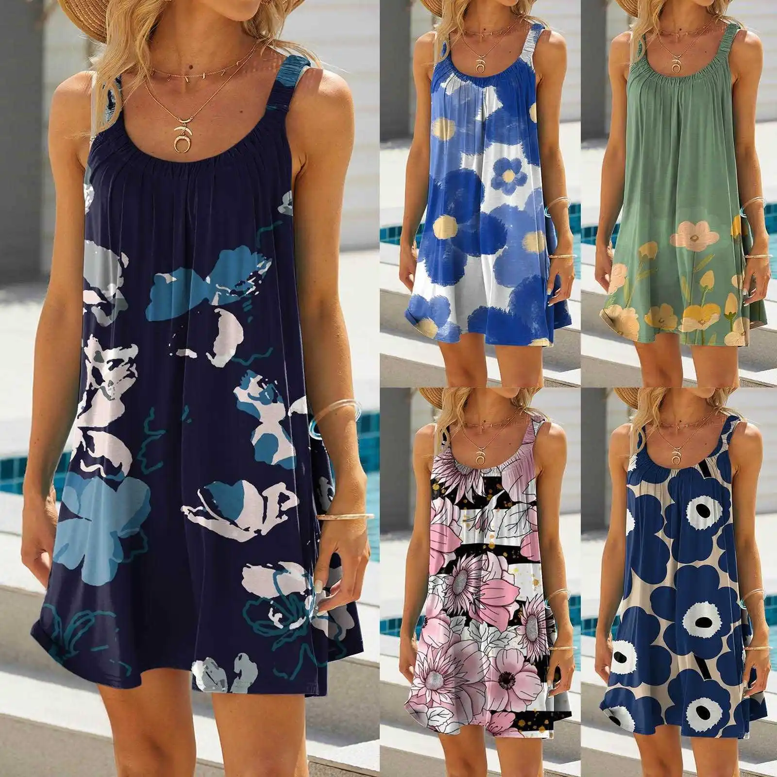 

Summer Flower Womens Beach Dress Printing A Word Casual Strap