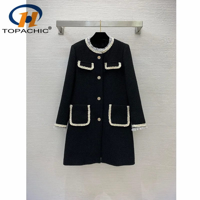 

11.1 High End Fashion Temperament Tweed Contrast Color Twist Patchwork O-Neck Long Sleeve Midi Black Coat Women