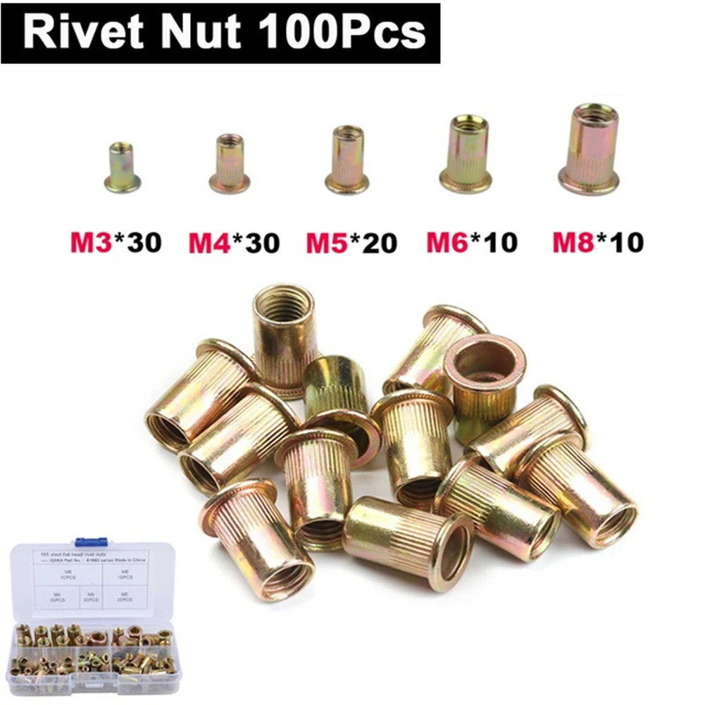 

100pcs M3-M8 Rivet Nut Mixed Threaded Insert Nutsert Set Flat Countersunk Head Rivet Nut Insert Rivnut Nutsert Hand Tools