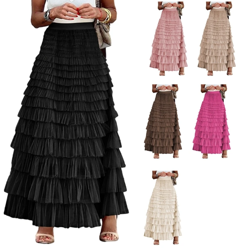 

Elegant Fairy Tulle Tiered Skirt A Line Maxi Skirt for Women Elastic High Waist Mesh Ruffle Layered Long Skirt Streewear