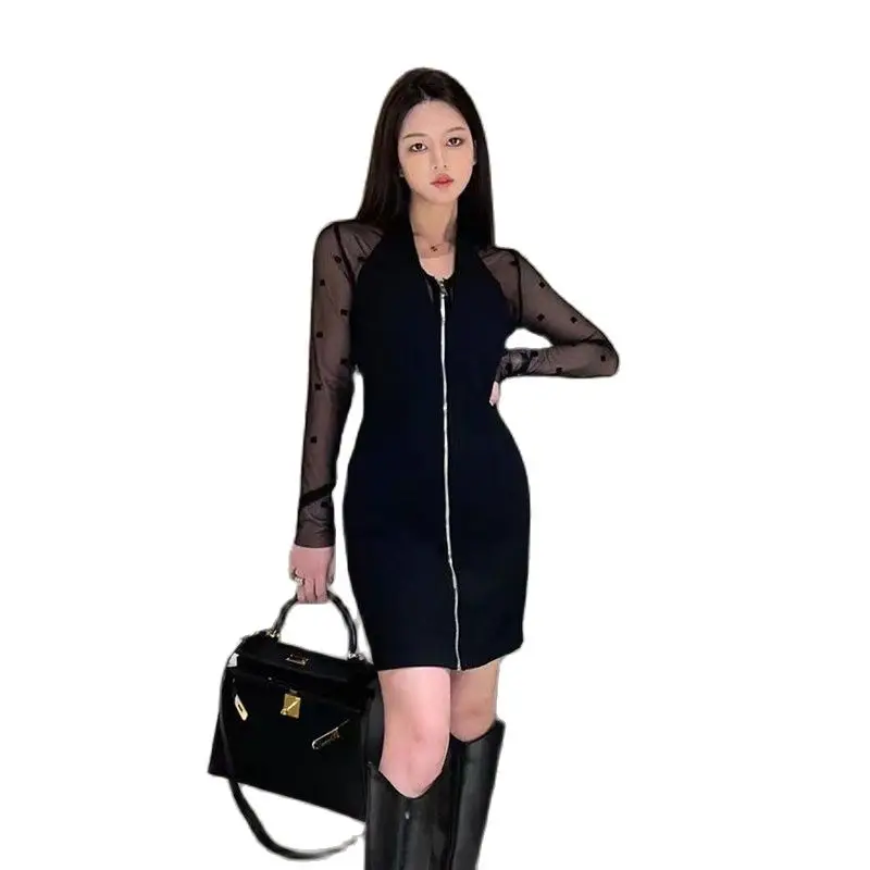 

Summer New Women Dress Sexy Mesh Stitching Zipper Long Sleeved Party Dresses 2022 Fashion Female Elegant Slim Black Small Skirt