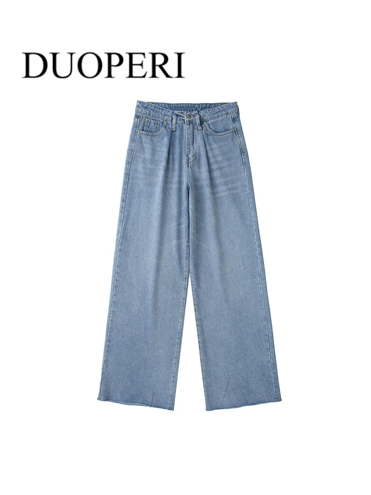 

DUOPERI Women Fashion Wide Leg Denim Jeans With Side Pockets Vintage High Waist Pants Zipper Fly Female Trousers Mujer