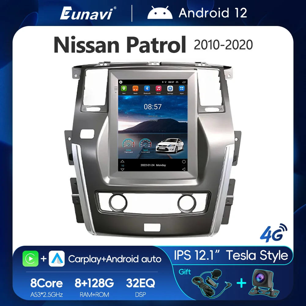 

Eunavi 12,1 дюймов автомобильное радио Android 12 Tesla стиль IPS GPS мультимедийный плеер для NISSAN PATROL 2010-2022 DSP 32EQ Carplay
