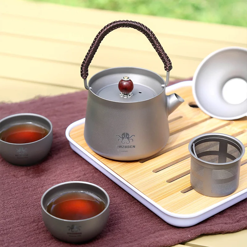 Outdoor Titanium Camping Kettle Tea Pot Maker Pour Over Gooseneck Spout Kettle With Hanging Ear Braided Handle For Picnic EDC