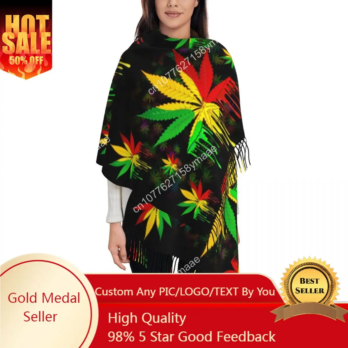 

Women's Scarf with Tassel Leaf Rasta Colors Large Soft Warm Shawl and Wrap Leaves Reversible Pashmina Scarves