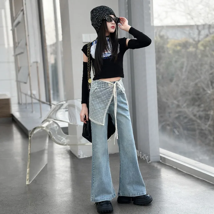 Spodnie dla dziewczynki Duże dzieci Moda Wiosna i jesień Nowe dziewczyny 2024 Casual Rozkloszowane dżinsy dziewczynek Styl dziecięce