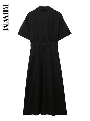 Linen Shirt Dress Women Belt Lapel Dress Woman Vintage Short Sleeve Long Dresses 2023 Office Lady Chic Female Black Dress