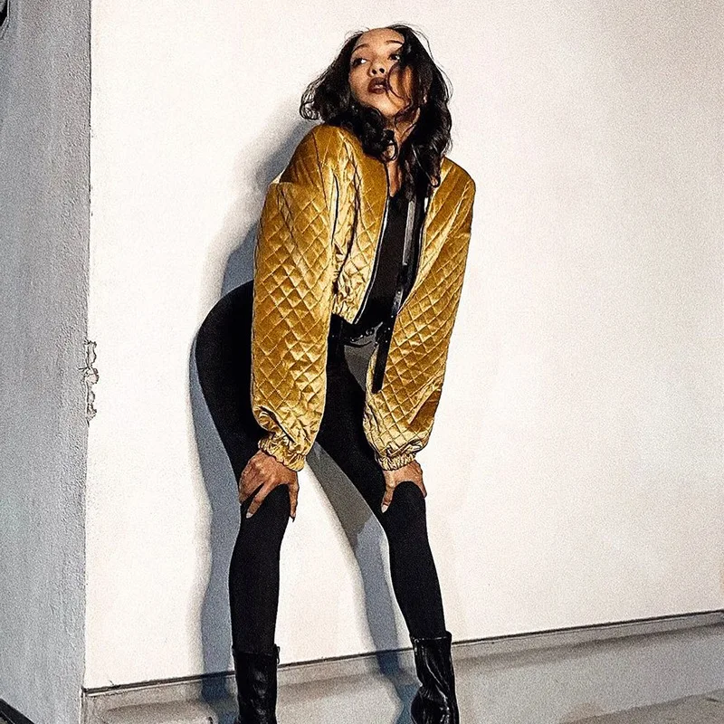 Fashion Bomber Jacket Plaid Warm Gold Black Parka Women Streetwear Cotton Zipper Winter Jackets Casual Chic Long Sleeve Parkas