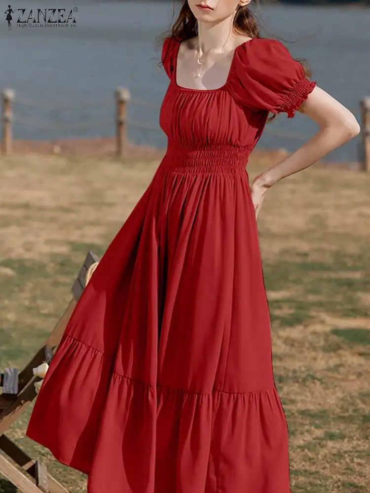 

ZANZEA Summer Dress 2022 Women Square Neck Short Sleeve Party Solid Ruffles Sundress Pleated Holiday Vestido Robe Femme