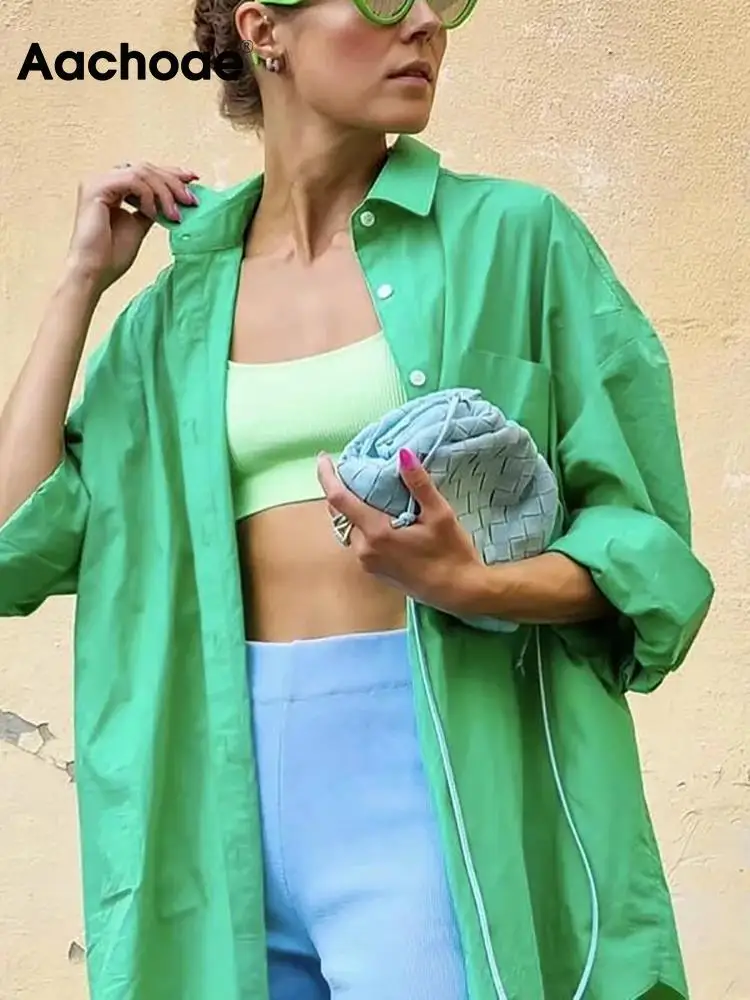 

Женские однотонные хлопковые рубашки Aachoae, Повседневная рубашка с отложным воротником и длинным рукавом летучая мышь, с карманами, женские модные топы