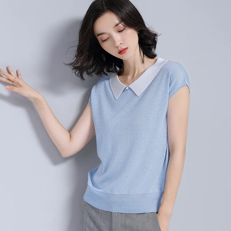 

Purple Bright Ice Silk Knitwear Women Short Sleeve Shiny Blouse Summer Thin Elastic Ladies Tops Elegant Streetwear